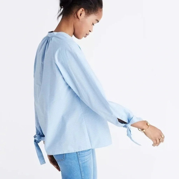 Madewell • Blue White Horizontal Striped Tie-Sleeve Popover Top - Picture 3 of 8